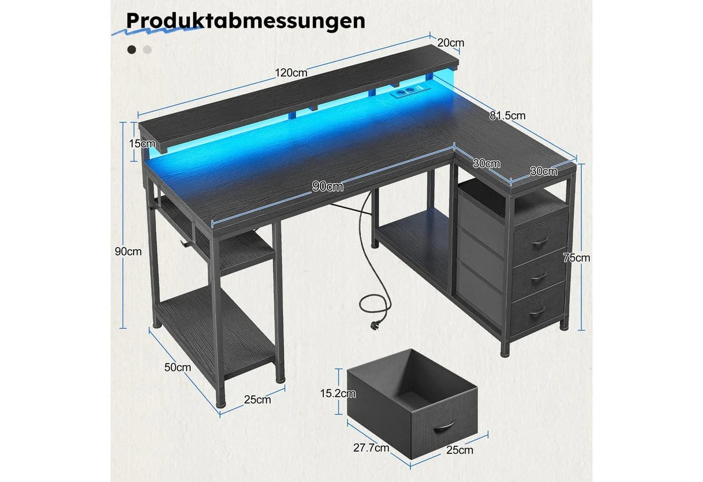 Klyvvo Gaming Schreibtisch L-Form Schwarz mit 3 Schubladen, LED & USB - Bild 3