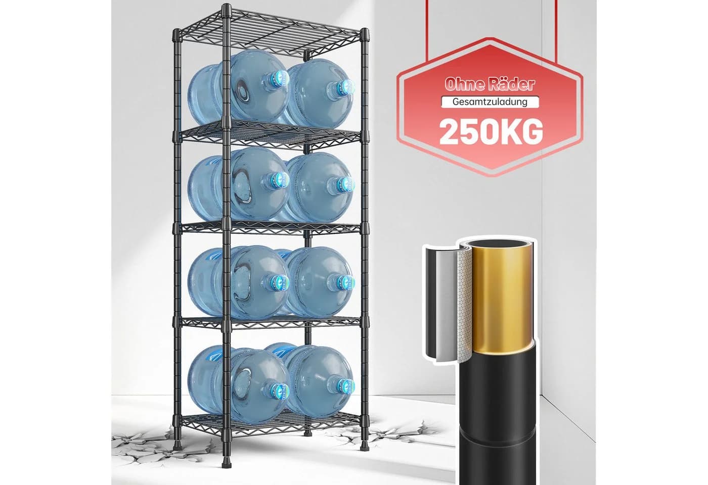 Klyvvo Metallregal mit Rollen 5 Böden höhenverstellbar Schwarz - Bild 4