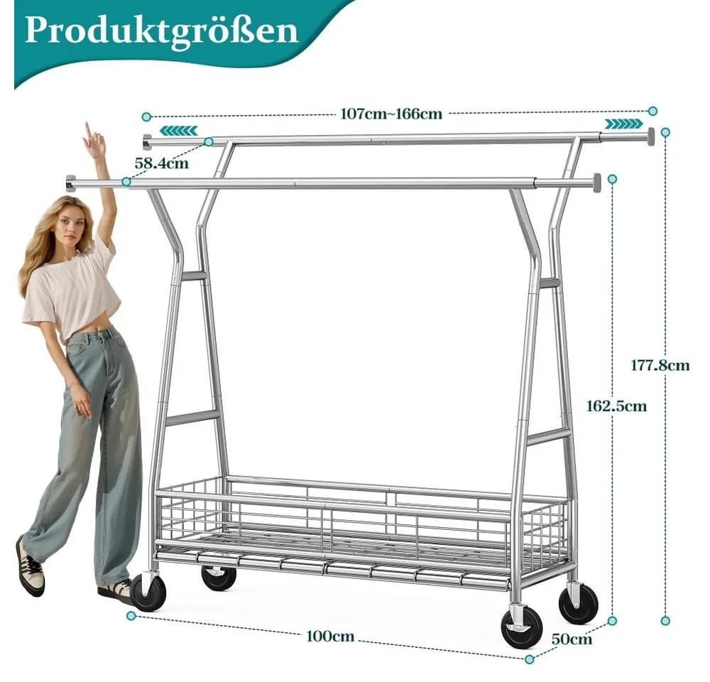 Klyvvo Kleiderständer auf Rollen mit Doppelstange & Netzkorb, 200 kg Tragkraft - Bild 3