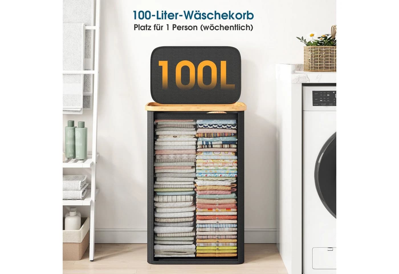 Klyvvo Wäschekorb mit Deckel Bambusrahmen Schwarz - Bild 5