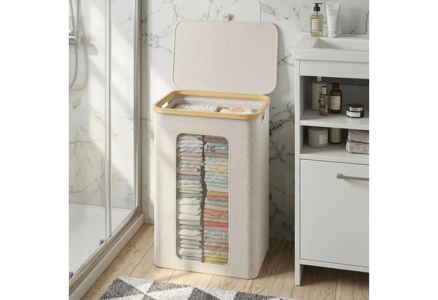 Klyvvo Wäschekorb mit Deckel Bambusrahmen & Oxford Stoff Beige - Bild 3