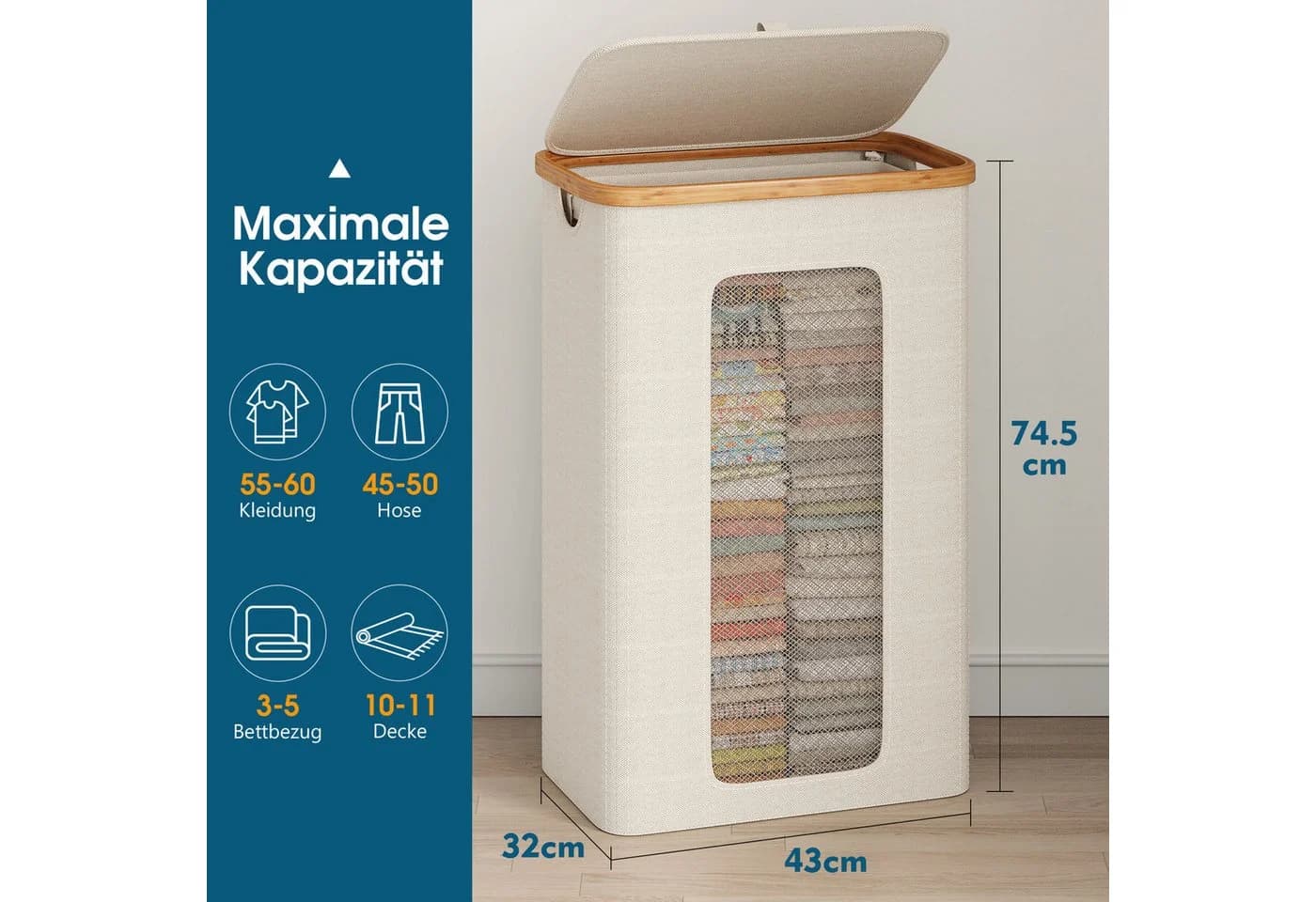 Klyvvo Wäschekorb mit Deckel Bambusrahmen & Oxford Stoff Beige - Bild 4
