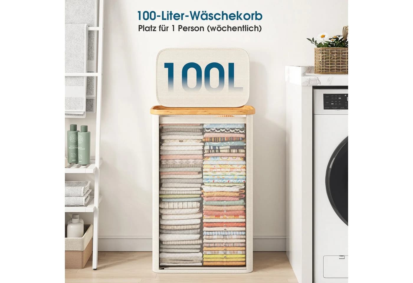 Klyvvo Wäschekorb mit Deckel Bambusrahmen & Oxford Stoff Beige - Bild 5