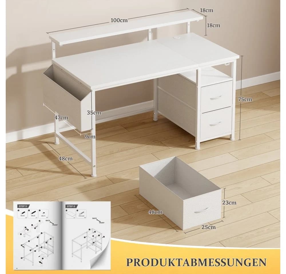 Klyvvo Eckschreibtisch Computertisch Weiß mit 2 Schubladen und Monitorständer - Bild 3