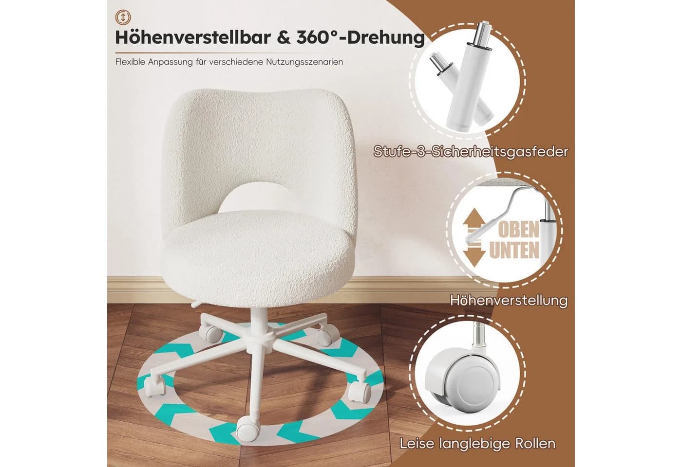 Klyvvo Drehstuhl mit Rollen Teddyfell weiß höhenverstellbar - Bild 5