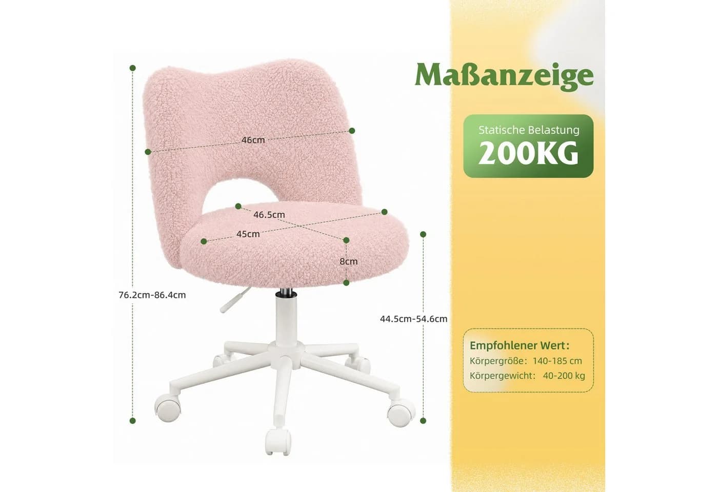Klyvvo Drehstuhl mit Rollen Rosa Teddyfell höhenverstellbar - Bild 3
