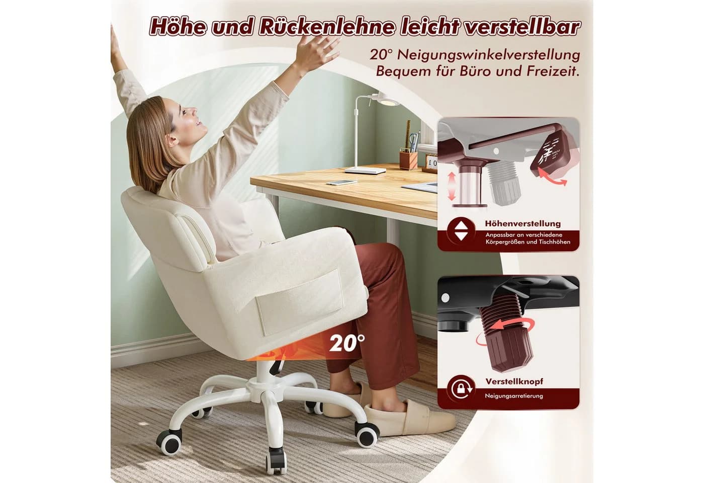 Klyvvo Drehstuhl Schreibtischstuhl Samtbezug Beige Höhenverstellbar - Bild 5