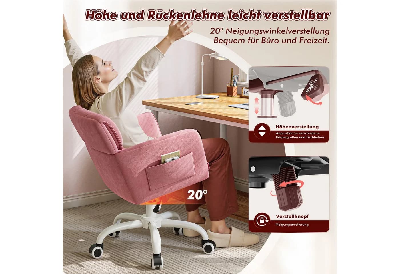 Klyvvo Drehstuhl Rosa Samtbezug Höhenverstellbar mit Wippfunktion - Bild 5
