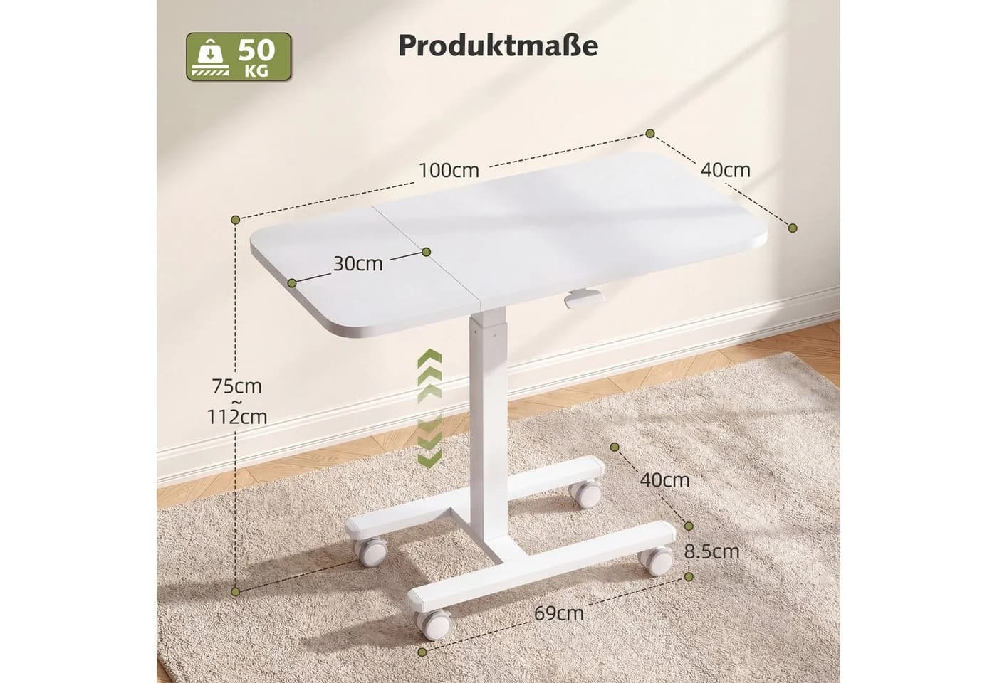 Klyvvo Höhenverstellbarer Schreibtisch C-förmig Weiß mit Rollen - Bild 4