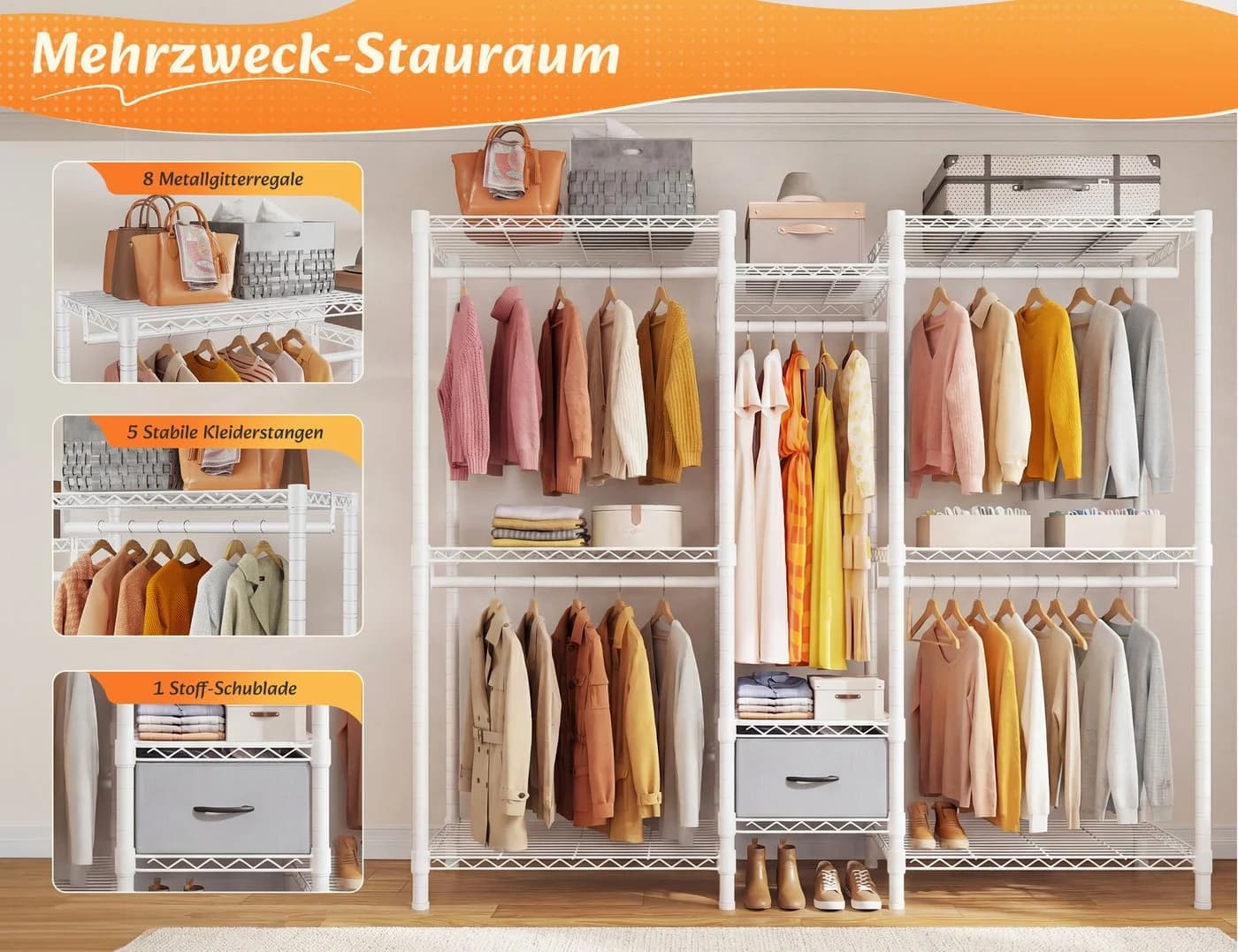 Klyvvo Offener Kleiderschrank Metall Garderobenständer Weiß 8 Böden 5 Stangen - Bild 5