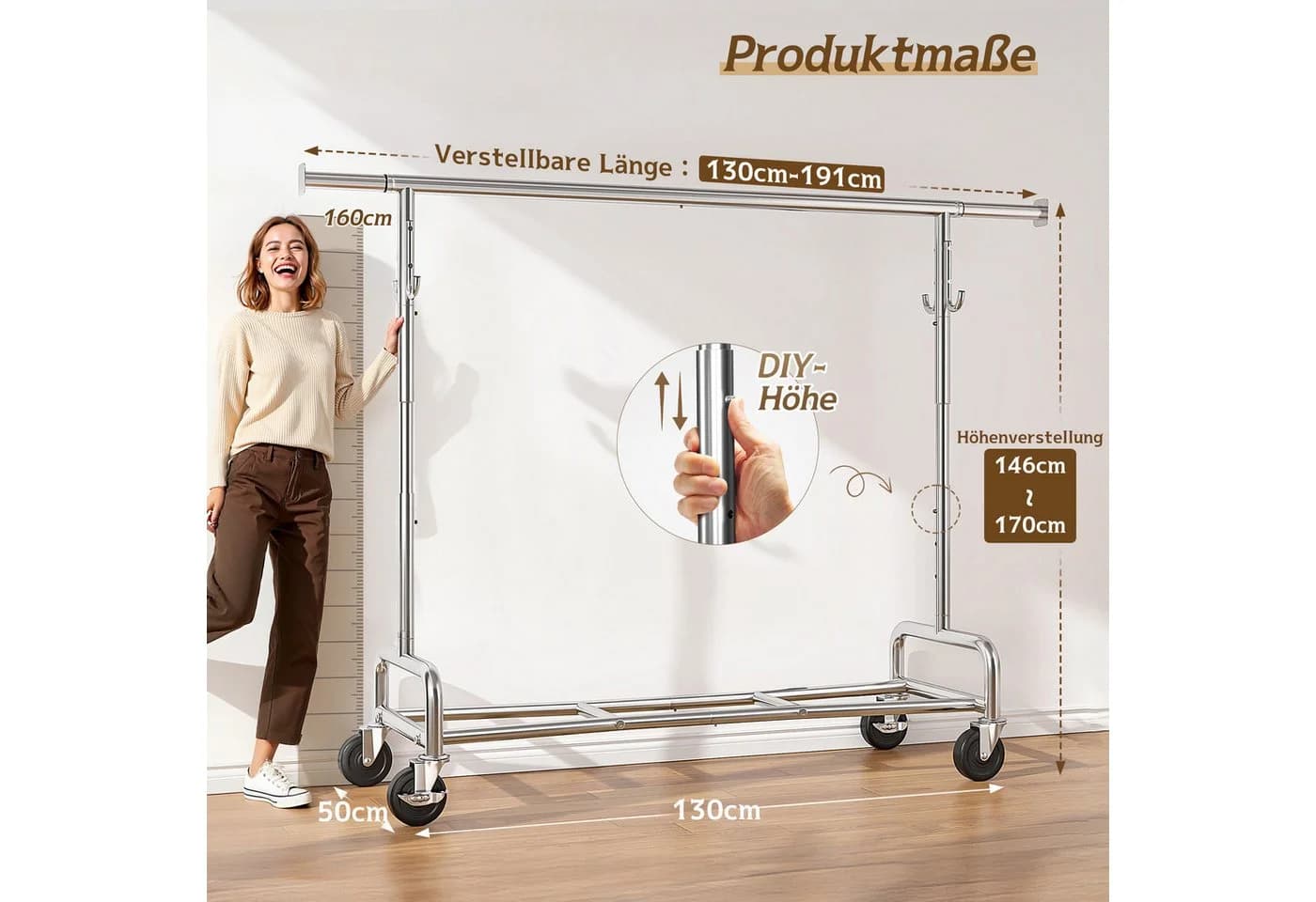 Klyvvo Kleiderständer auf Rollen, Ausziehbar, Schwerlast bis 150kg, Verchromt - Bild 3