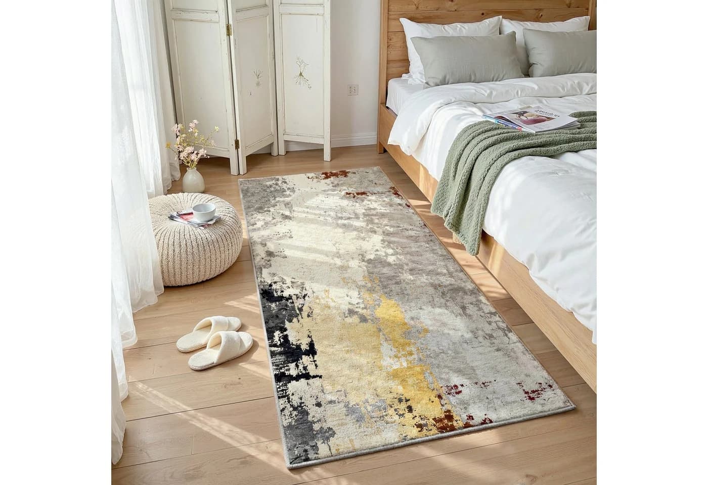 Klyvvo Boho Abstrakt Teppich Kurzflor Rutschfest Gold Grau Braun - Bild 3