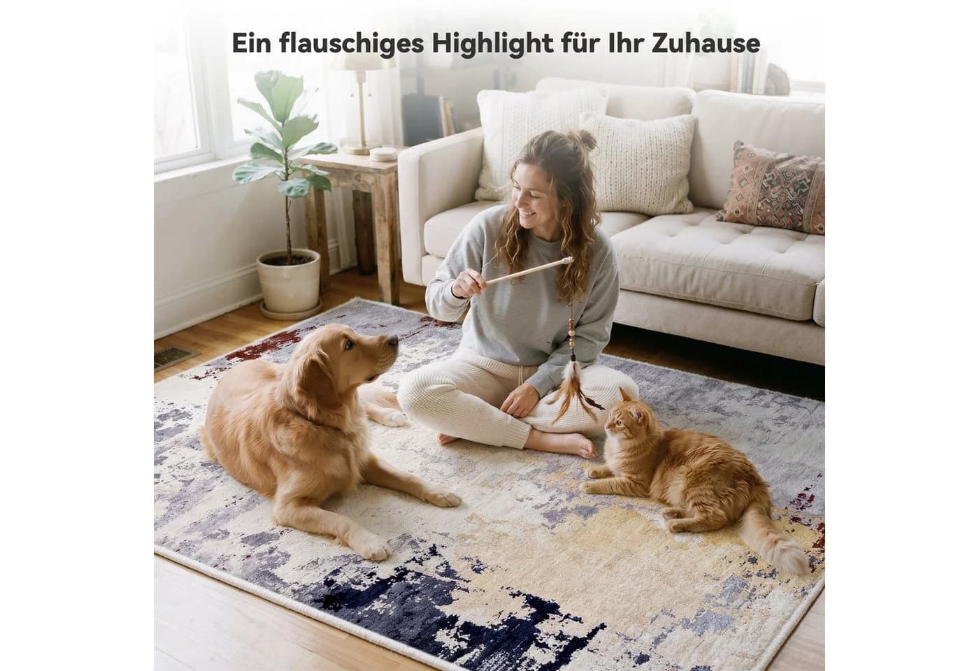 Klyvvo Boho Abstrakt Teppich Kurzflor Rutschfest Gold Grau Braun - Bild 4