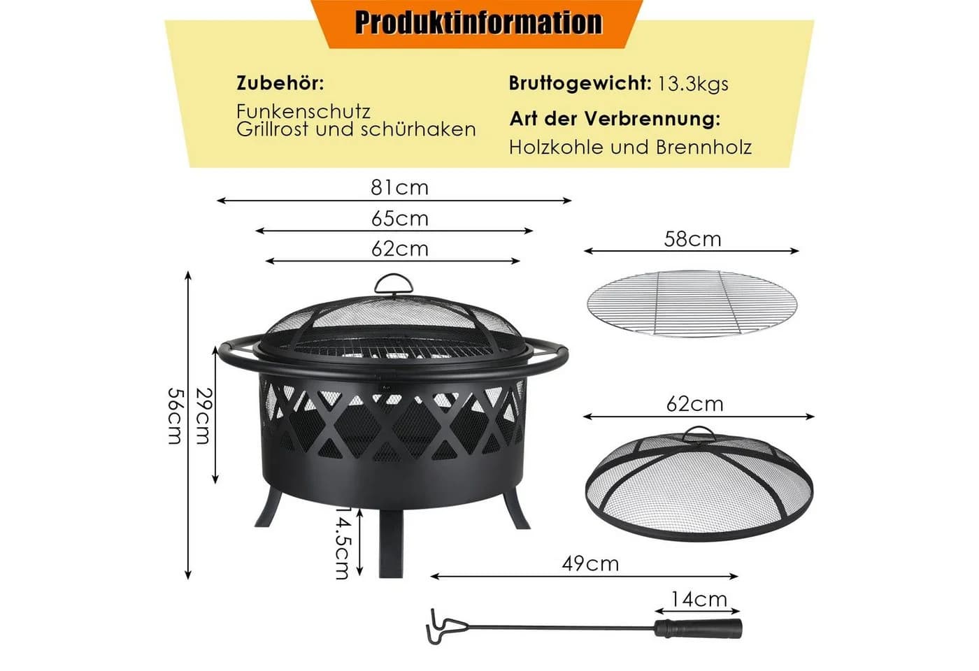 TLGREEN Feuerschale Ø81cm mit Grillrost & Funkenschutz - Bild 4