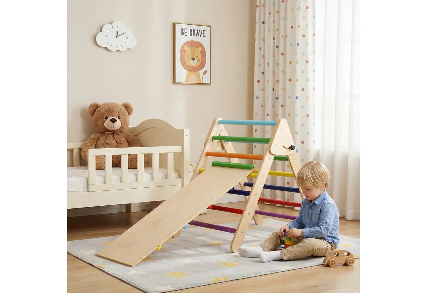 TLGREEN Klettergerüst Indoor Klappbar, 2 in 1 Kletterdreieck mit Rutsche, Holz Montessori Motorik Spielzeug - Bild 2
