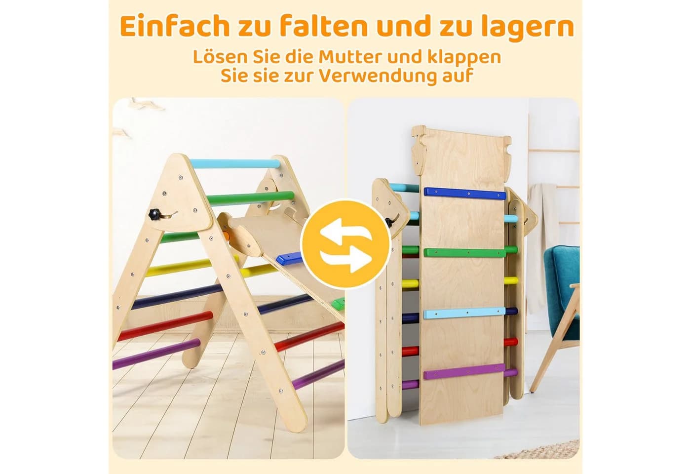 TLGREEN Klettergerüst Indoor Klappbar, 2 in 1 Kletterdreieck mit Rutsche, Holz Montessori Motorik Spielzeug - Bild 4