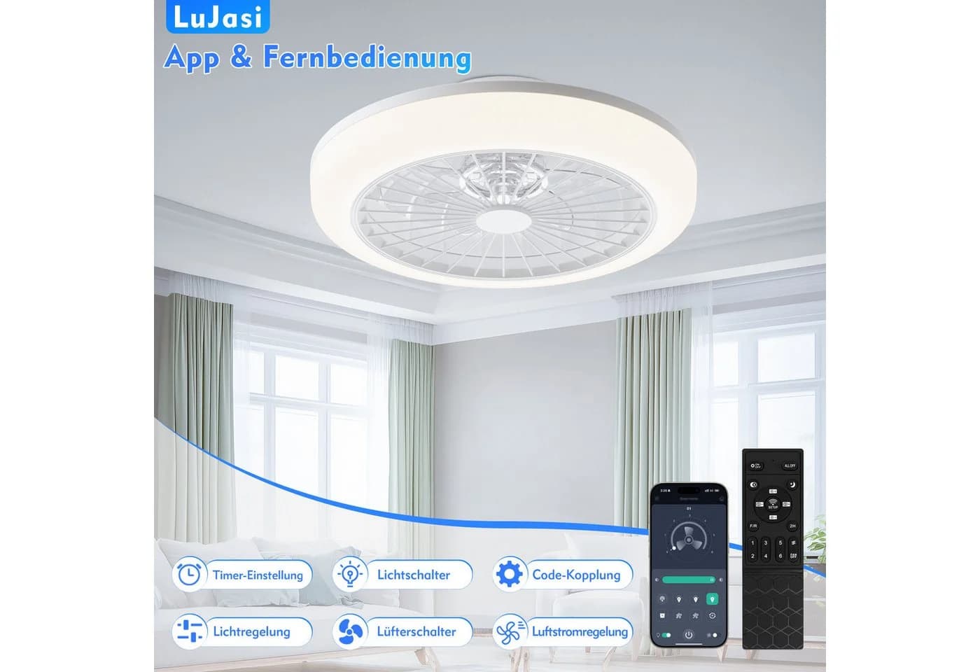 Lujasi Deckenventilator mit LED-Beleuchtung, 6 Windstufen, App-Steuerung, Weiß - Bild 5