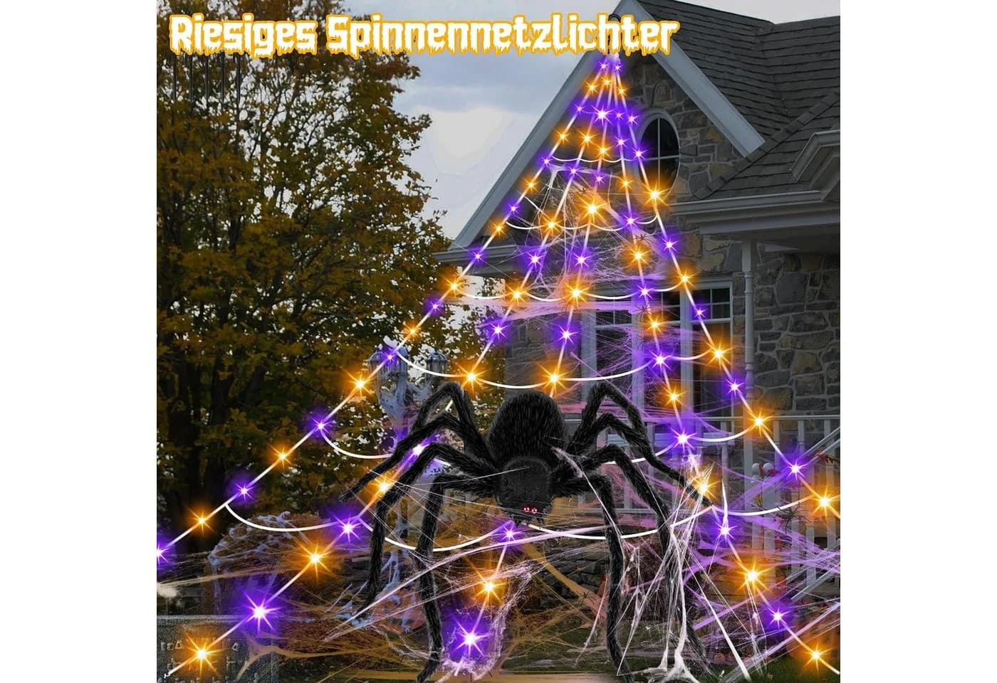 skelo LED Spinnennetz 5m Halloween Deko mit Fernbedienung