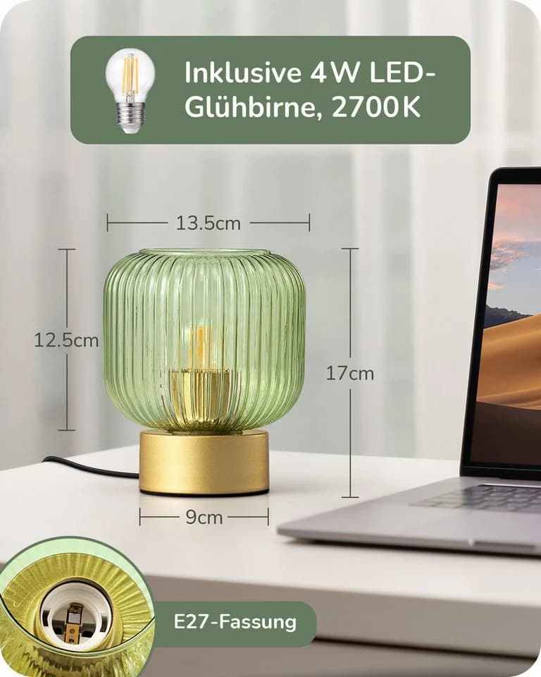 EDISHINE Nachttischlampe Retro Grün Candy-Glas-Schirm LED warmweiß - Bild 5