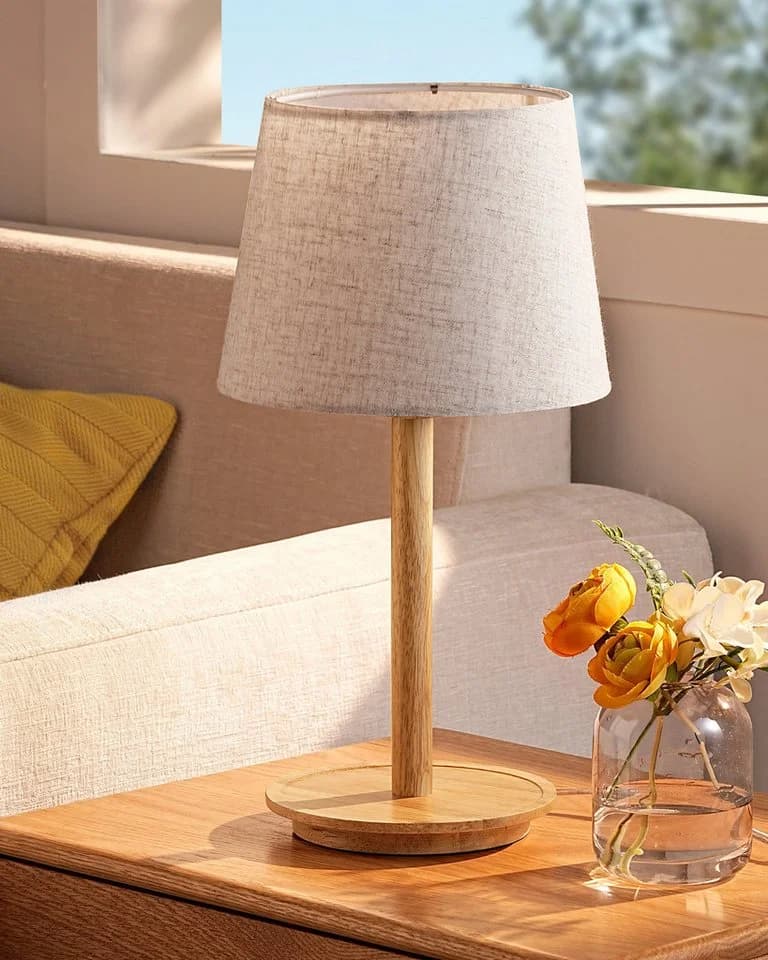 EDISHINE Nachttischlampe Landhaus Stoffschirm Beige Massivholzsockel - Bild 2