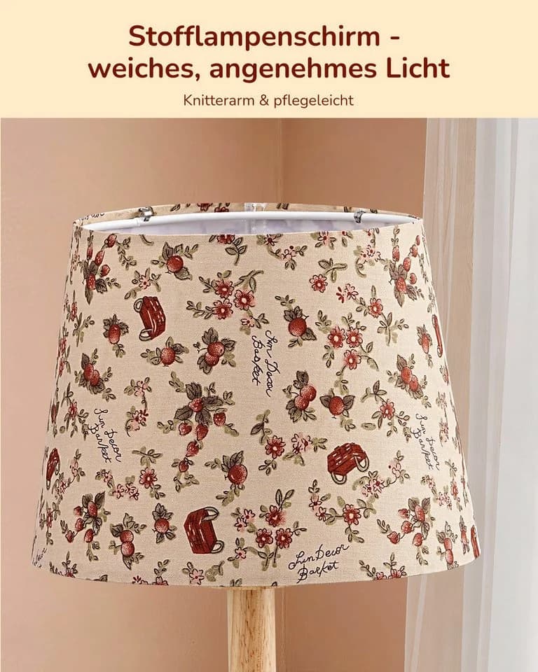 EDISHINE Nachttischlampe Landhaus Rot Blumenmuster Massivholz