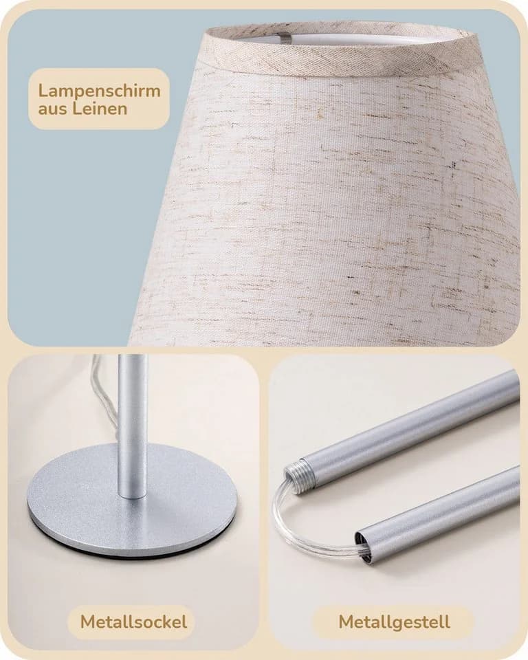 EDISHINE LED Nachttischlampe 2er-Set Metall Stoff E27 Beige/Silber - Bild 3