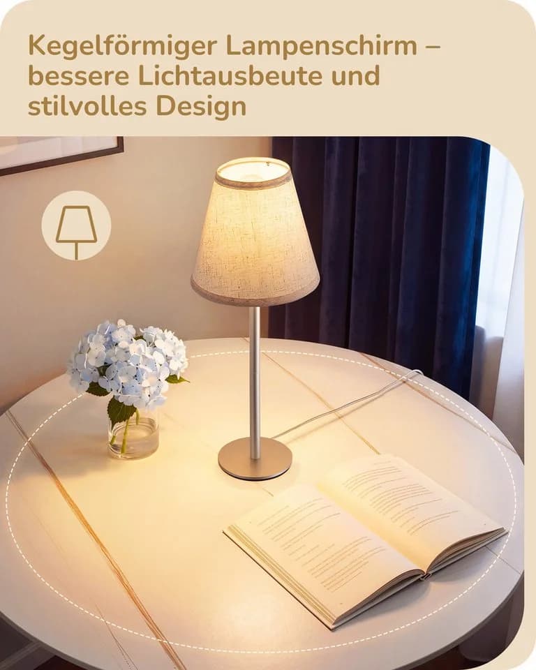 EDISHINE LED Nachttischlampe 2er-Set Metall Stoff E27 Beige/Silber - Bild 4