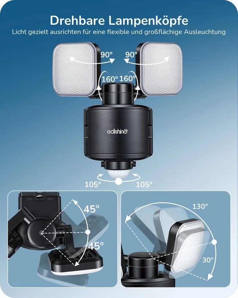 EDISHINE LED Wandstrahler mit Bewegungsmelder, 900 Lumen, 6500K