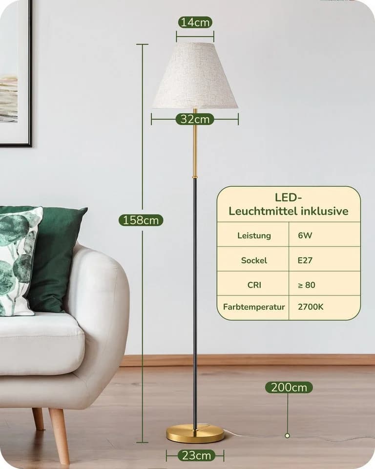 EDISHINE Stehlampe LED Beige Schwarz Metall Leinenstoff Schirm Fußschalter