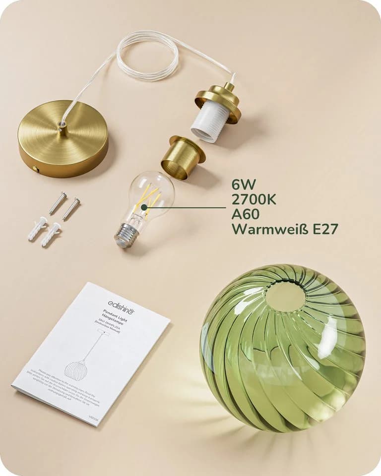 EDISHINE Pendelleuchte Wellenglas Mintgrün E27 LED - Bild 4