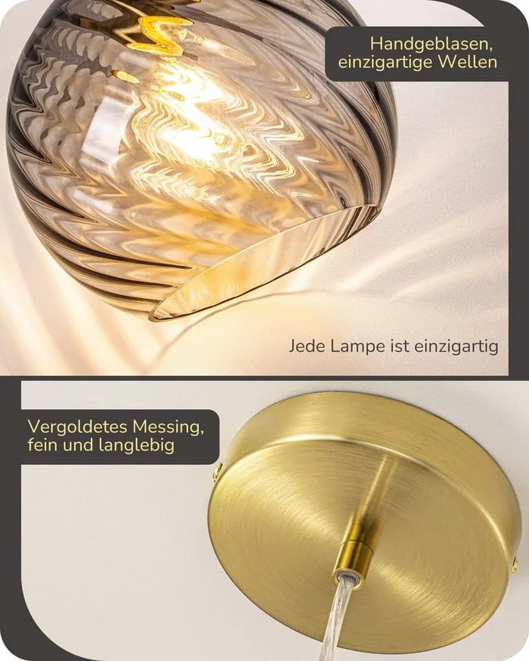 EDISHINE Pendelleuchte Rauchgrau Glas Messing E27 LED - Bild 3
