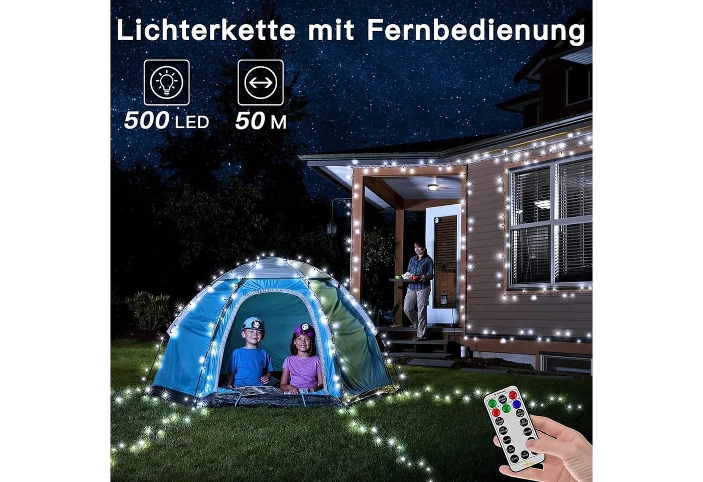 Ollny LED-Lichterkette 500-flammig 8 Modi IP44 Innen & Außen