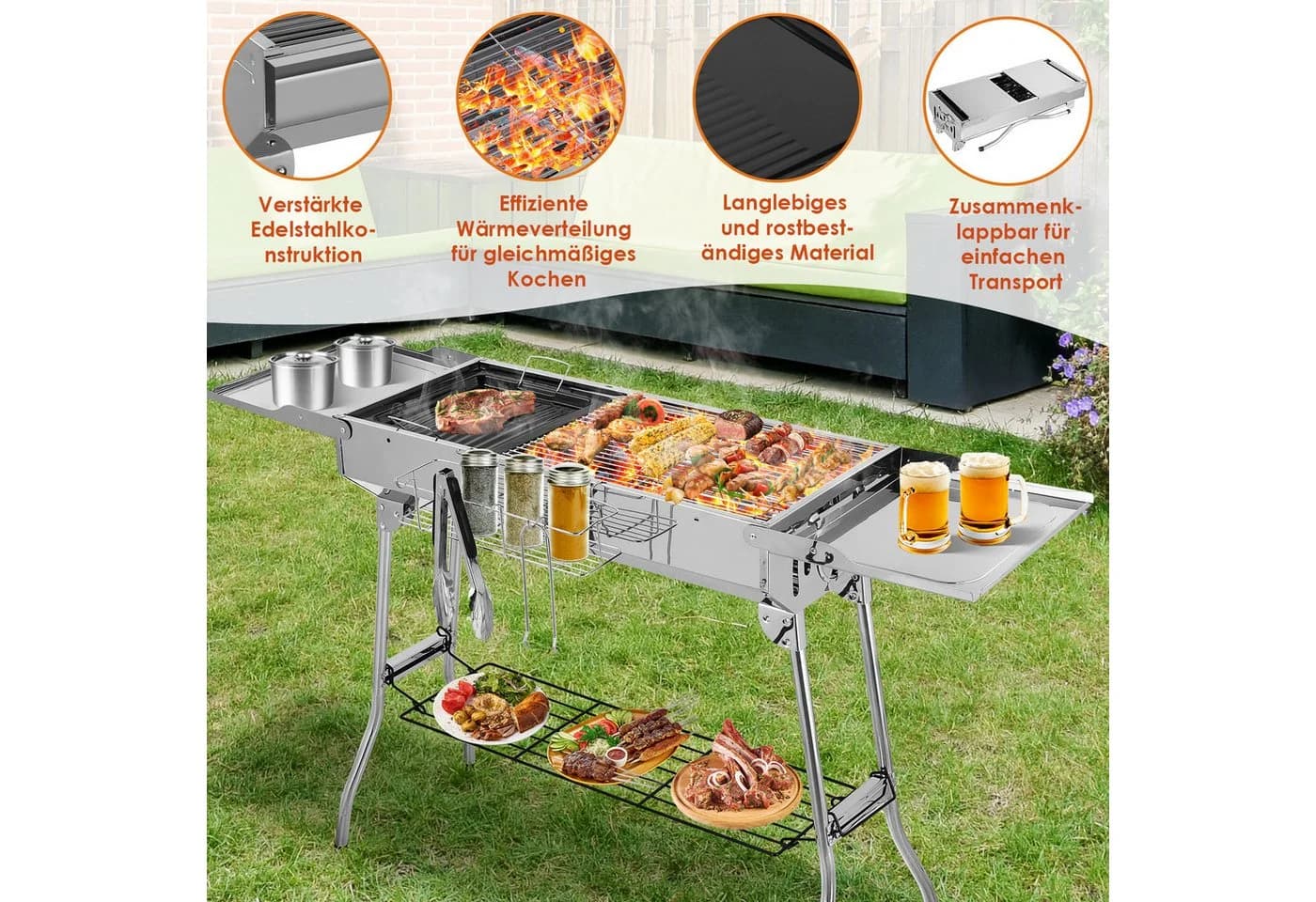 TLGREEN Klappgrill Edelstahl mit Gusseisenpfanne