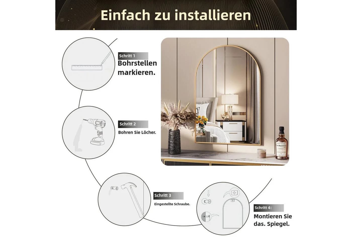 TLGREEN Wandspiegel 66x96cm Gold Sicherheitsspiegel - Bild 5