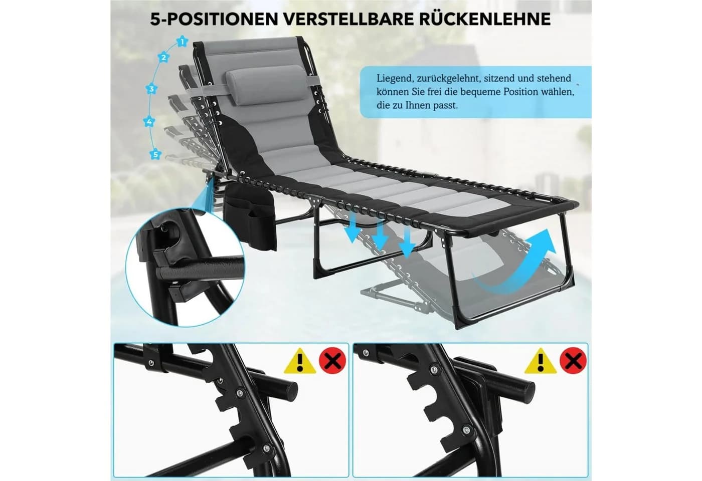 TLGREEN Gartenliege XXL klappbar mit Kopfstütze & Seitentaschen - Bild 4