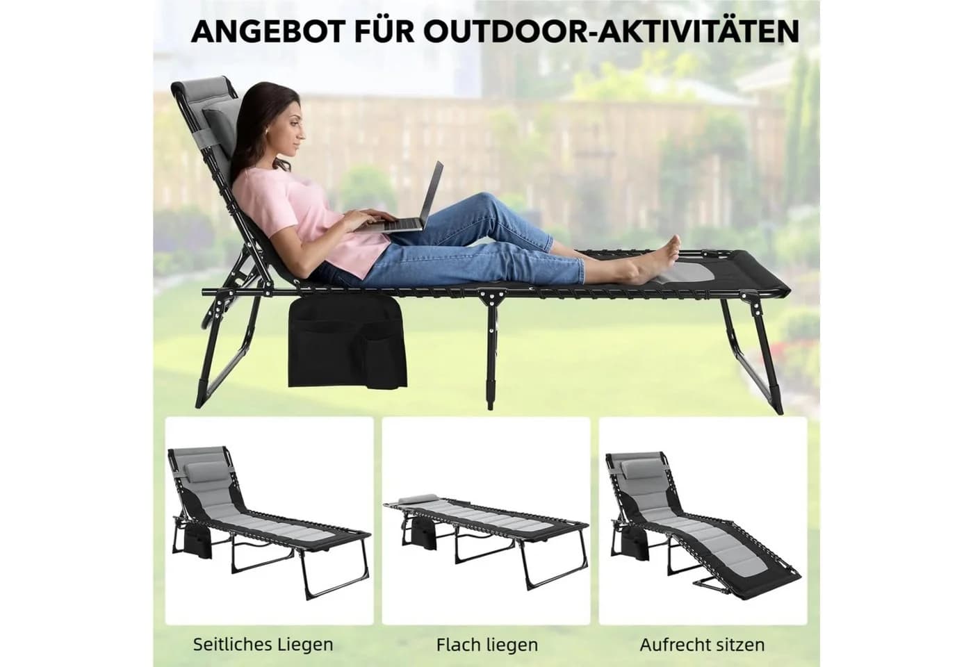 TLGREEN Gartenliege XXL klappbar mit Kopfstütze & Seitentaschen - Bild 5