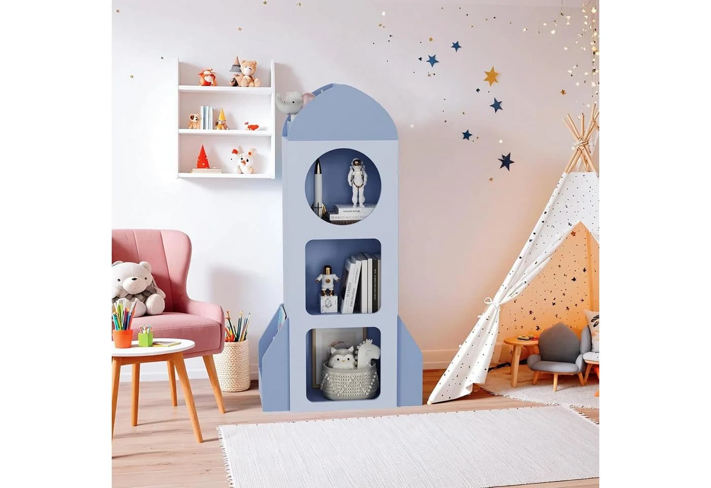 Raketenförmiges Kinderregal aus Holz, Weiß