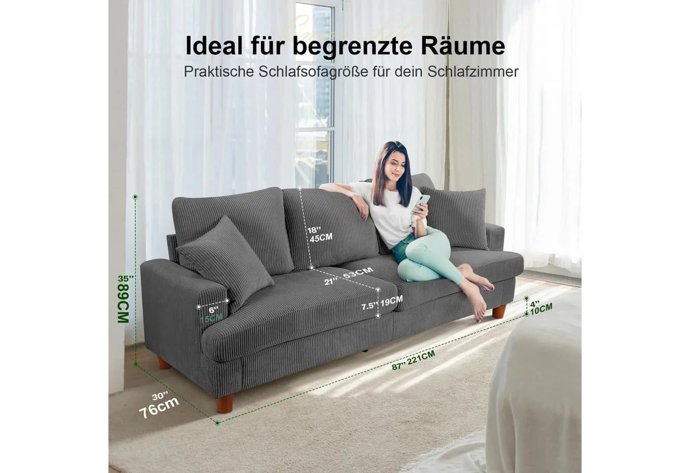 ToteBox 3-Sitzer Cord Loveseat Sofa Grau mit Federkissen