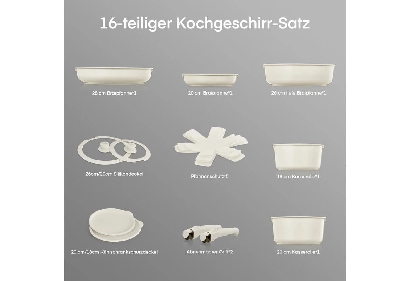 FOHERE Topf-Set 16-tlg. Keramik-Antihaftbeschichtung Weiß - Bild 3