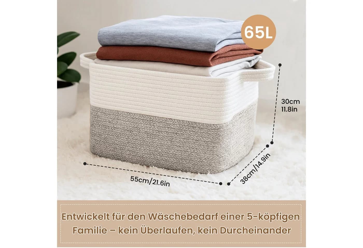 Youyijia Faltbarer Wäschekorb 65L aus Baumwollseil Braun - Bild 5