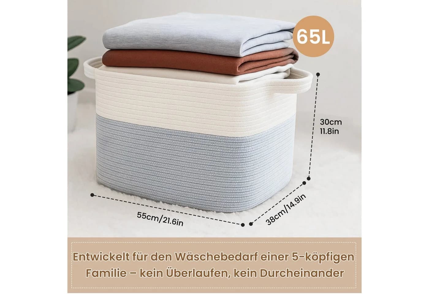 Youyijia Wäschekorb Grau Faltbar 65L Baumwollseil - Bild 5