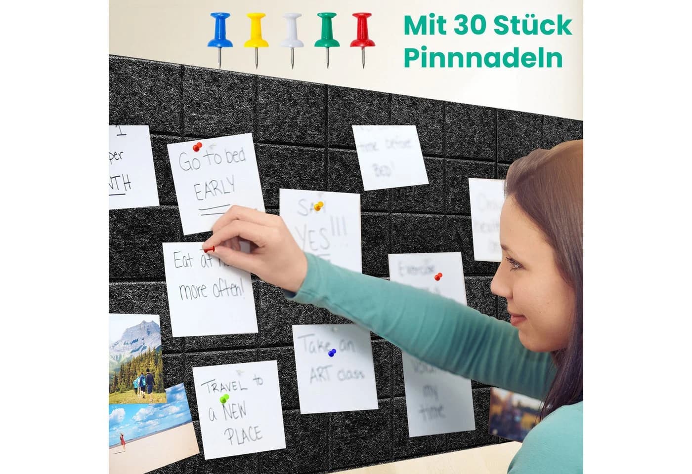 Youyijia Selbstklebende Filz-Pinnwand 6er Set Schwarz mit 30 Pinnnadeln - Bild 4