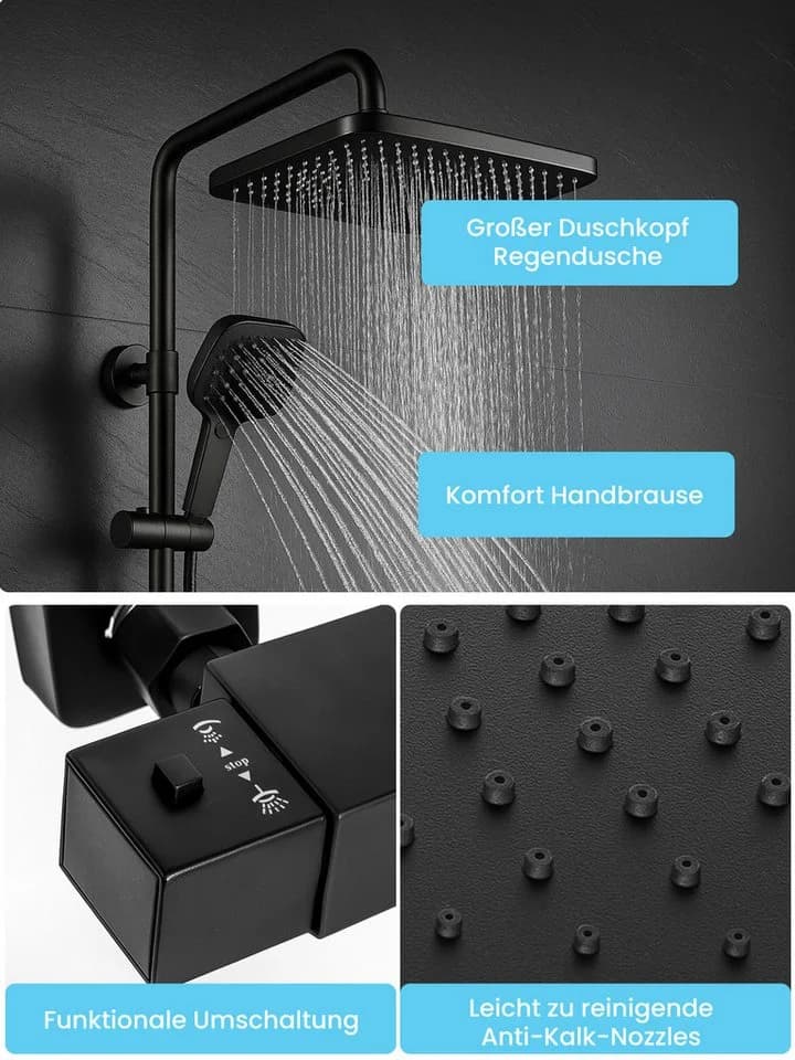 Youyijia Duschsystem mit Thermostat, Regendusche 225x225mm schwarz - Bild 5