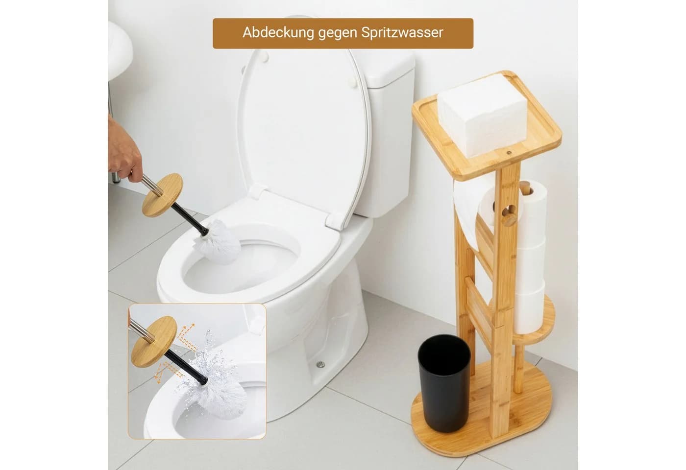 Youyijia Toilettenpapierhalter Bambus Stehend mit Klobürste & Ablage - Bild 5