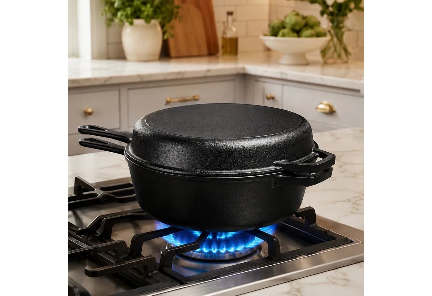 Youyijia Gusseisen Kombikocher 2-in-1 Dutch Oven mit Pfannendeckel