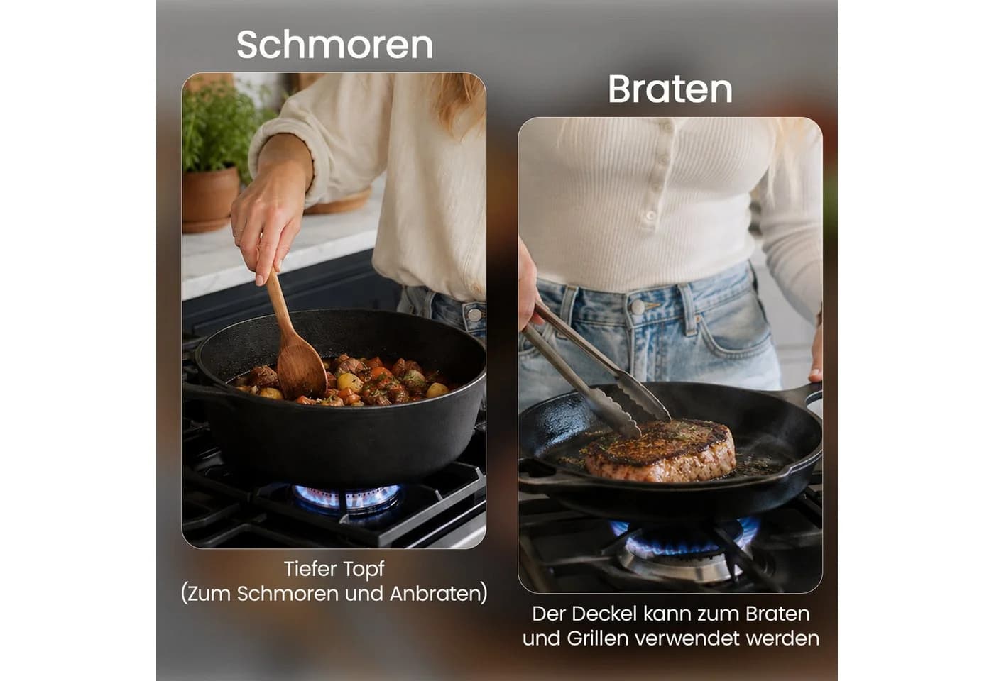 Youyijia Gusseisen Kombikocher 2-in-1 Dutch Oven mit Pfannendeckel - Bild 3