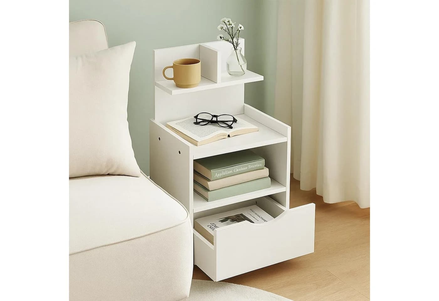 Youyijia Beistelltisch mit Schublade - 60x32,5x25,5cm, Weiß