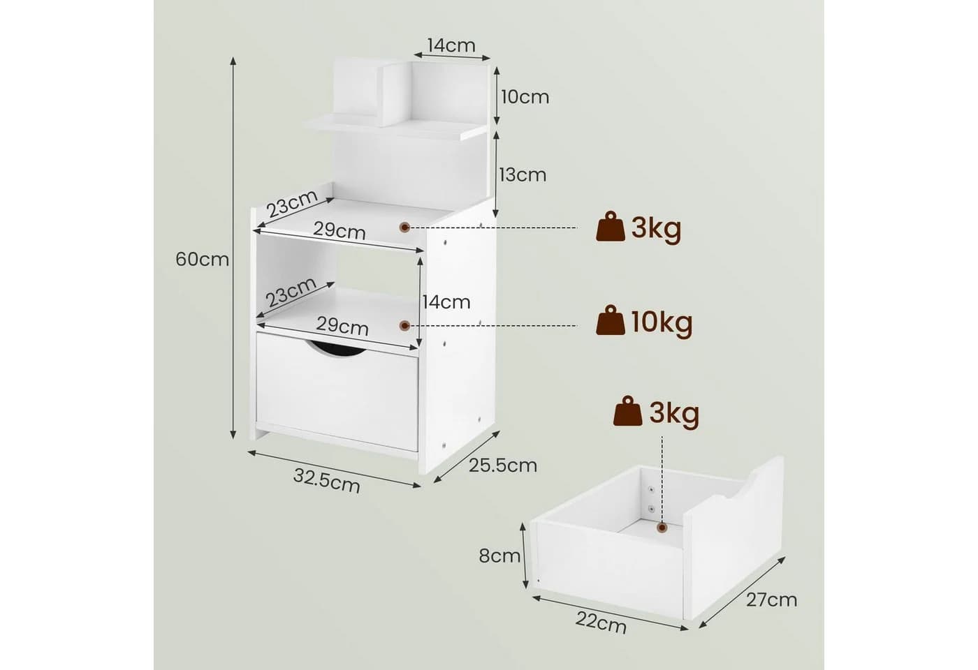 Youyijia Beistelltisch mit Schublade - 60x32,5x25,5cm, Weiß - Bild 3