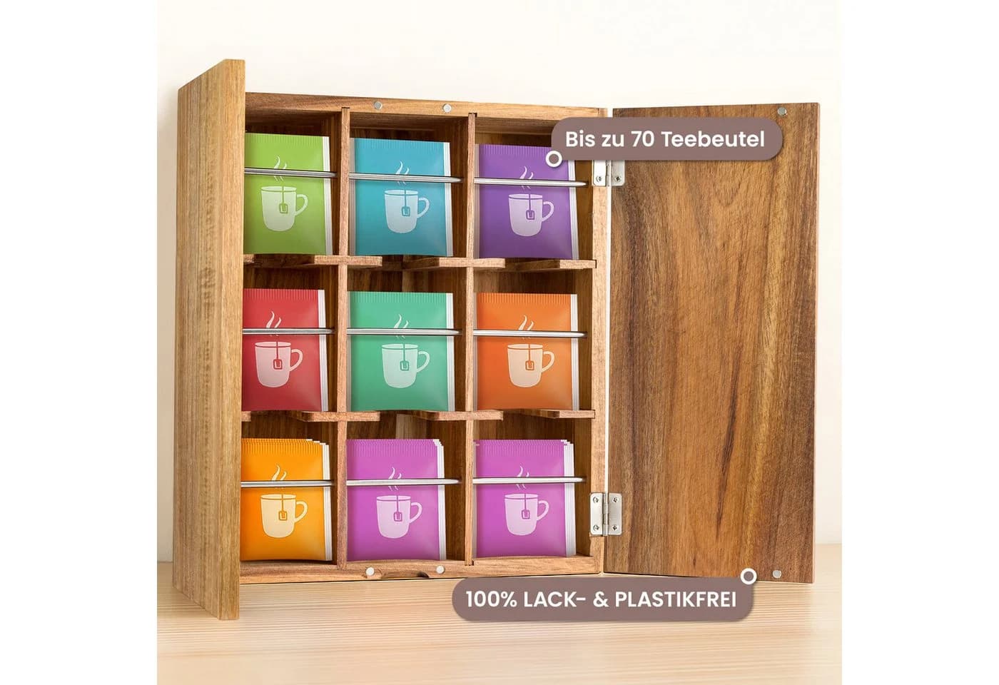 Youyijia Aufbewahrungsbox aus Holz mit Deckel, 9 Fächer für Tee & Kaffee - Bild 3