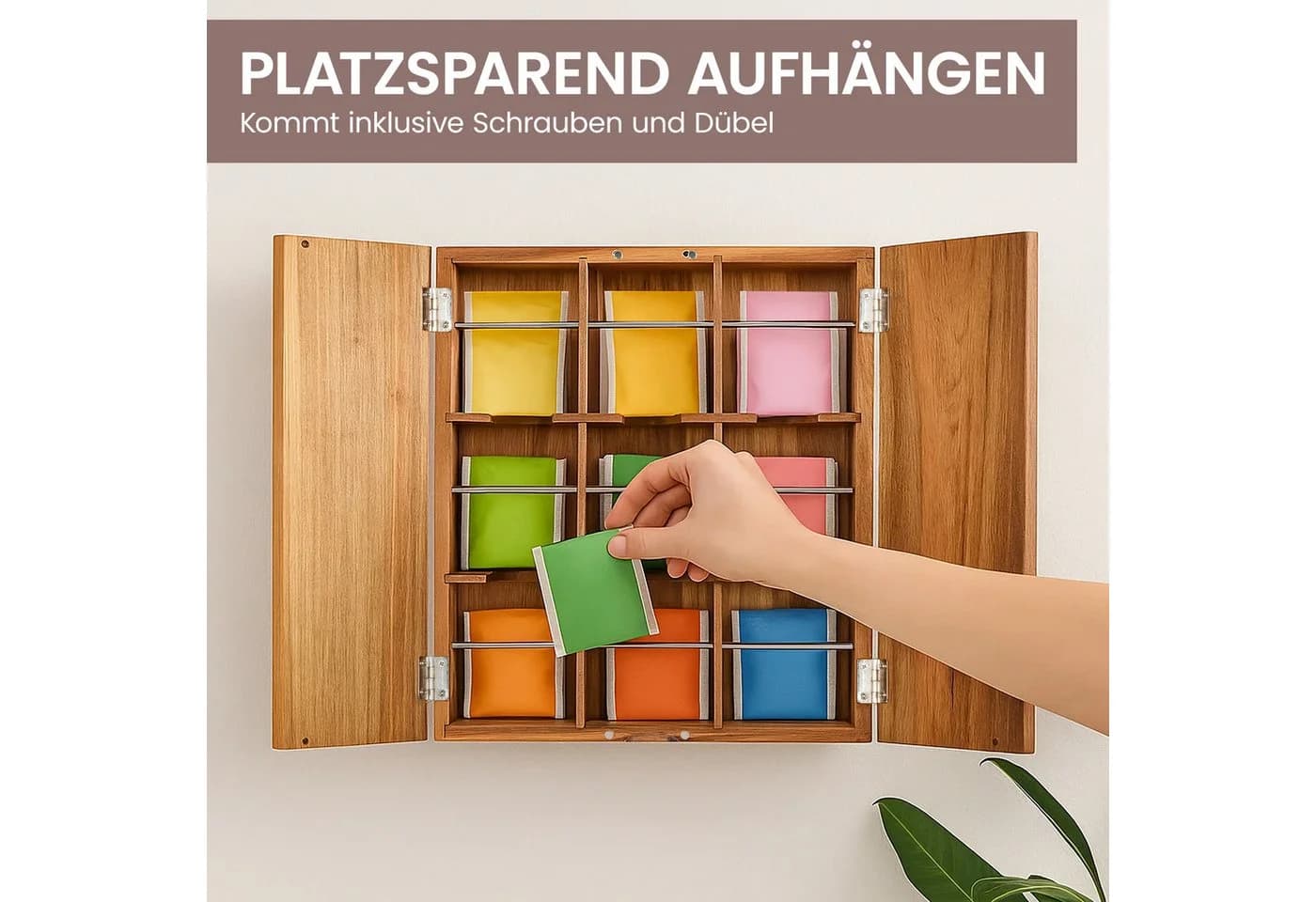 Youyijia Aufbewahrungsbox aus Holz mit Deckel, 9 Fächer für Tee & Kaffee - Bild 5